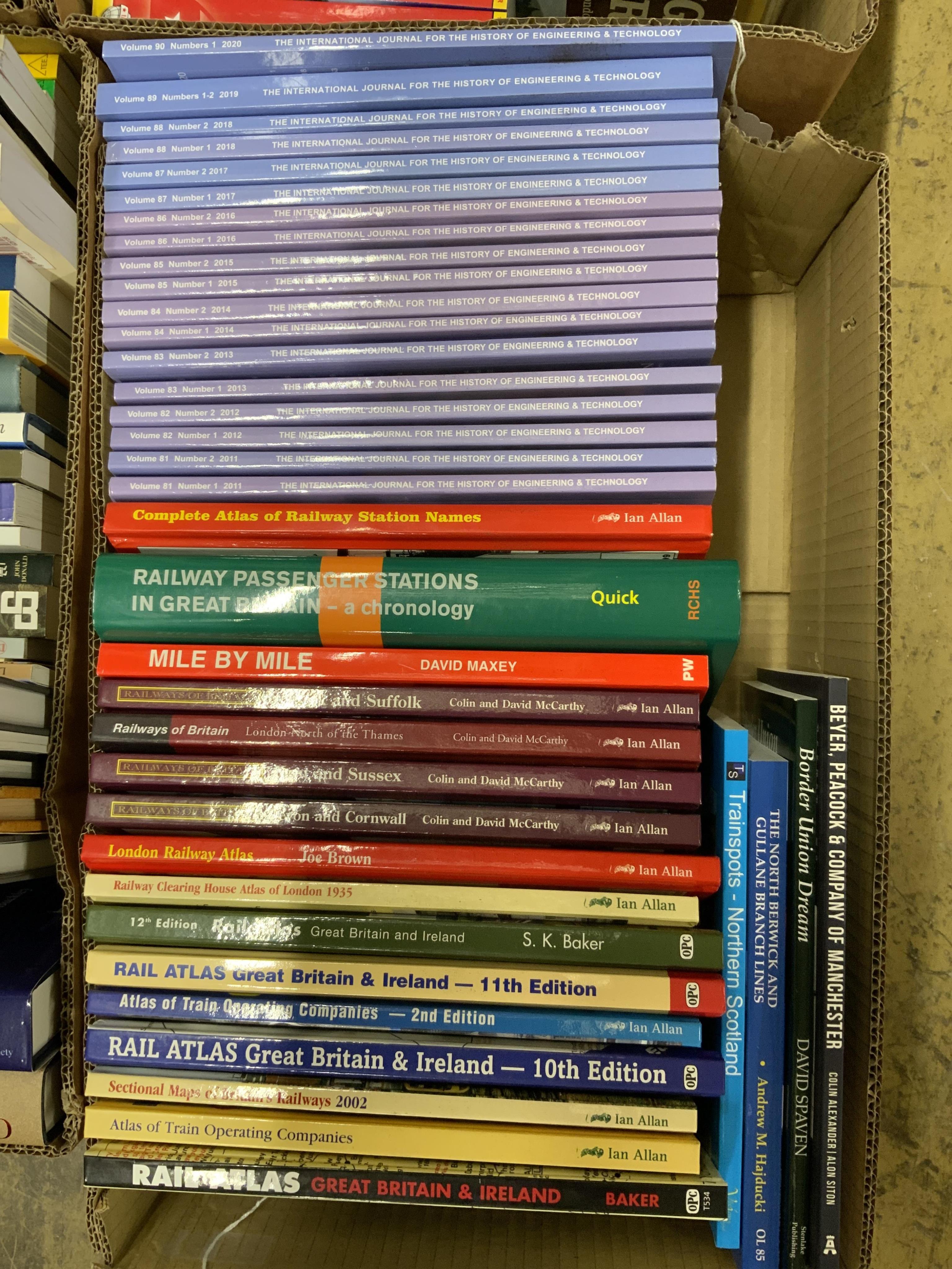 Eight boxes of railway related books, subjects include; Southern Railway, Garrett rolling stock, European railways, stationary engines, Indian Railways, American Railways, publishers include Middleton Press, David & Char